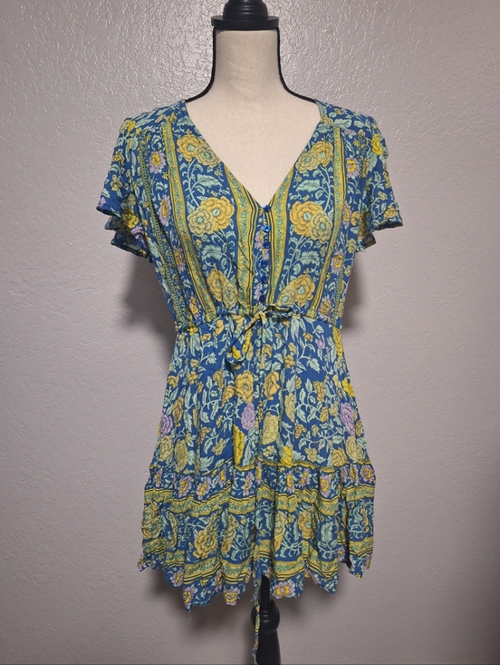 Sea Lustre Dresses & Skirts - Sea Lustre Floral Blue Purple Yellow Short Sleeve Waist Tie V-Neck Mini Dress